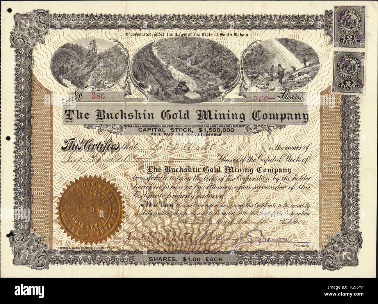 1905 The Buckskin Gold Mining Company Stock Certificate - Nevada, USA Stock Photo