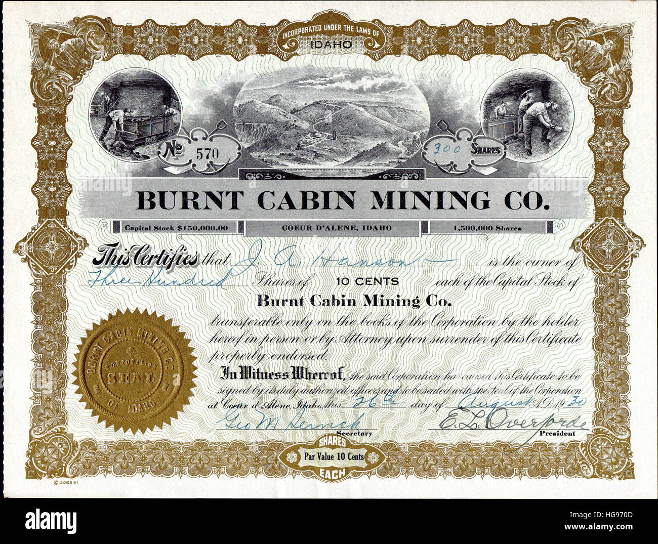 1930 Burnt Cabin Mining Company Stock Certificate - Burnt Cabin Creek - Kootenai County, Coeur D' Alene, Idaho - USA Stock Photo