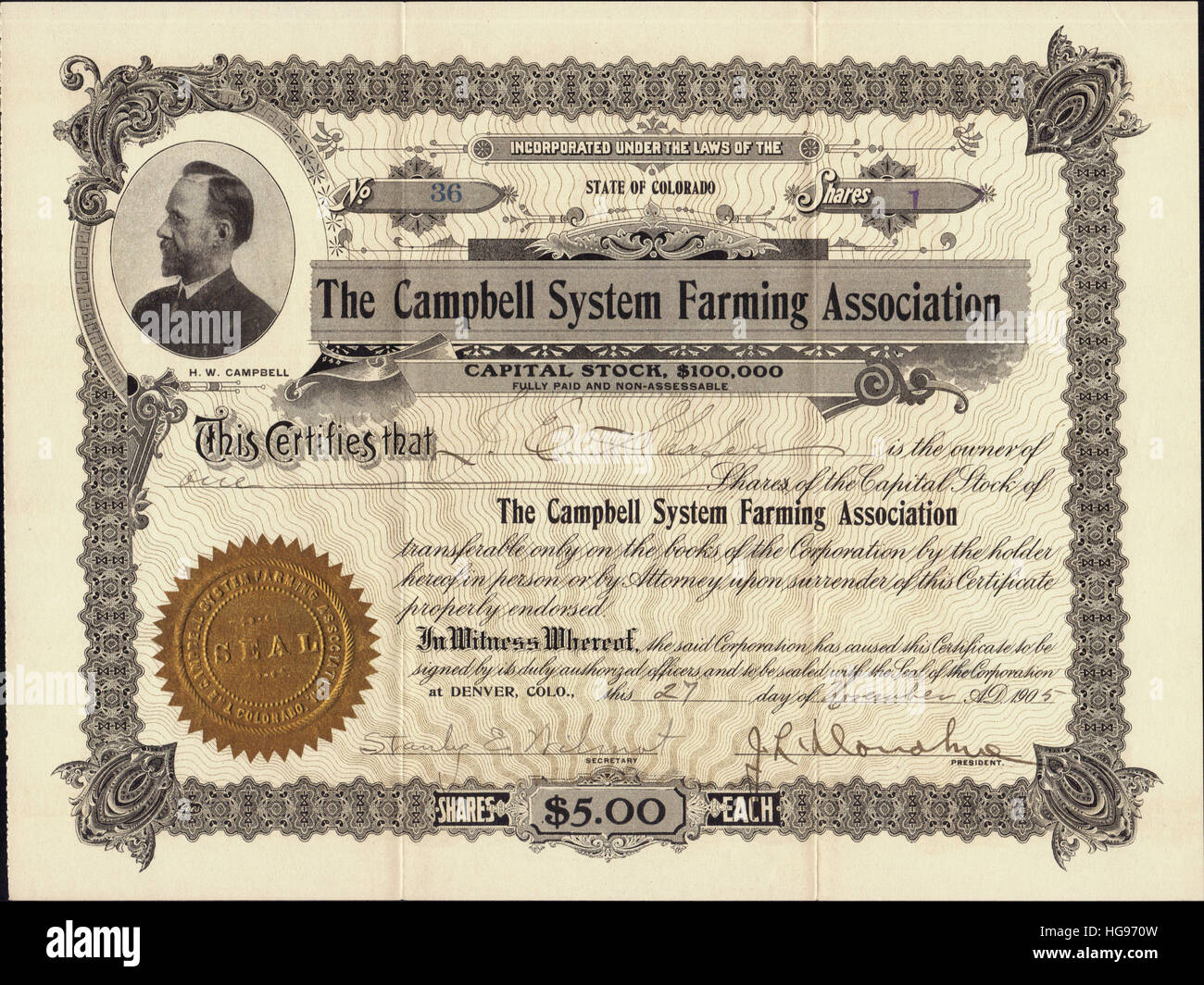 1905 The Campbell System Farming Association Stock Certificate - Denver, Colorado - USA Stock Photo