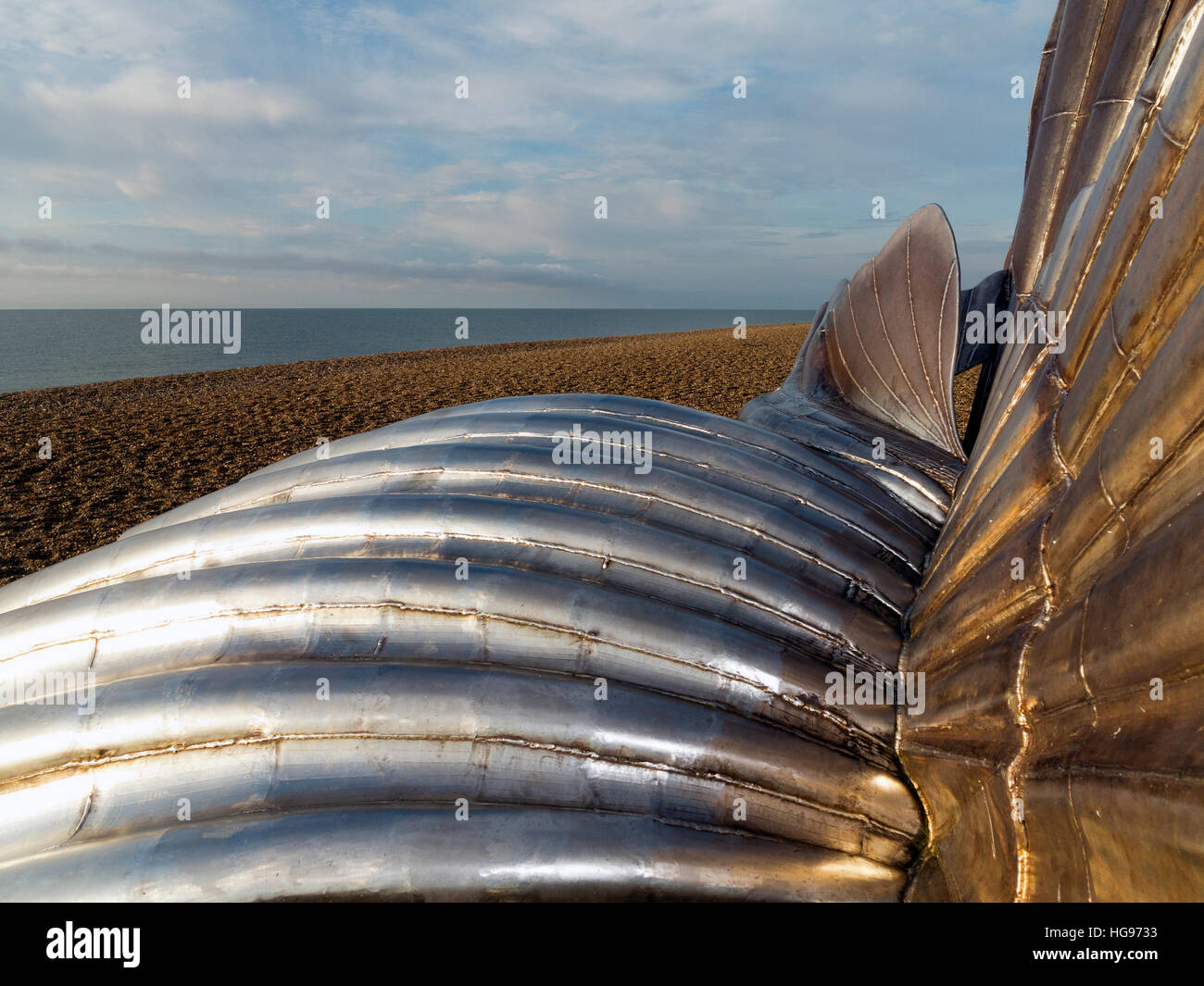 A detail of 'The Scallop' stainless steel sculpture by Maggi Hambling on the shingle beach at Aldeburgh Suffolk England Stock Photo