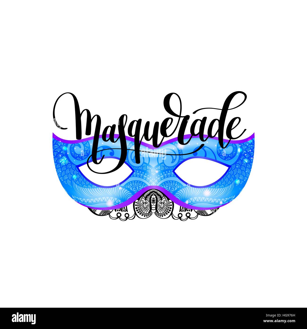 masquerade lettering logo design with mask and hand written word Stock Vector