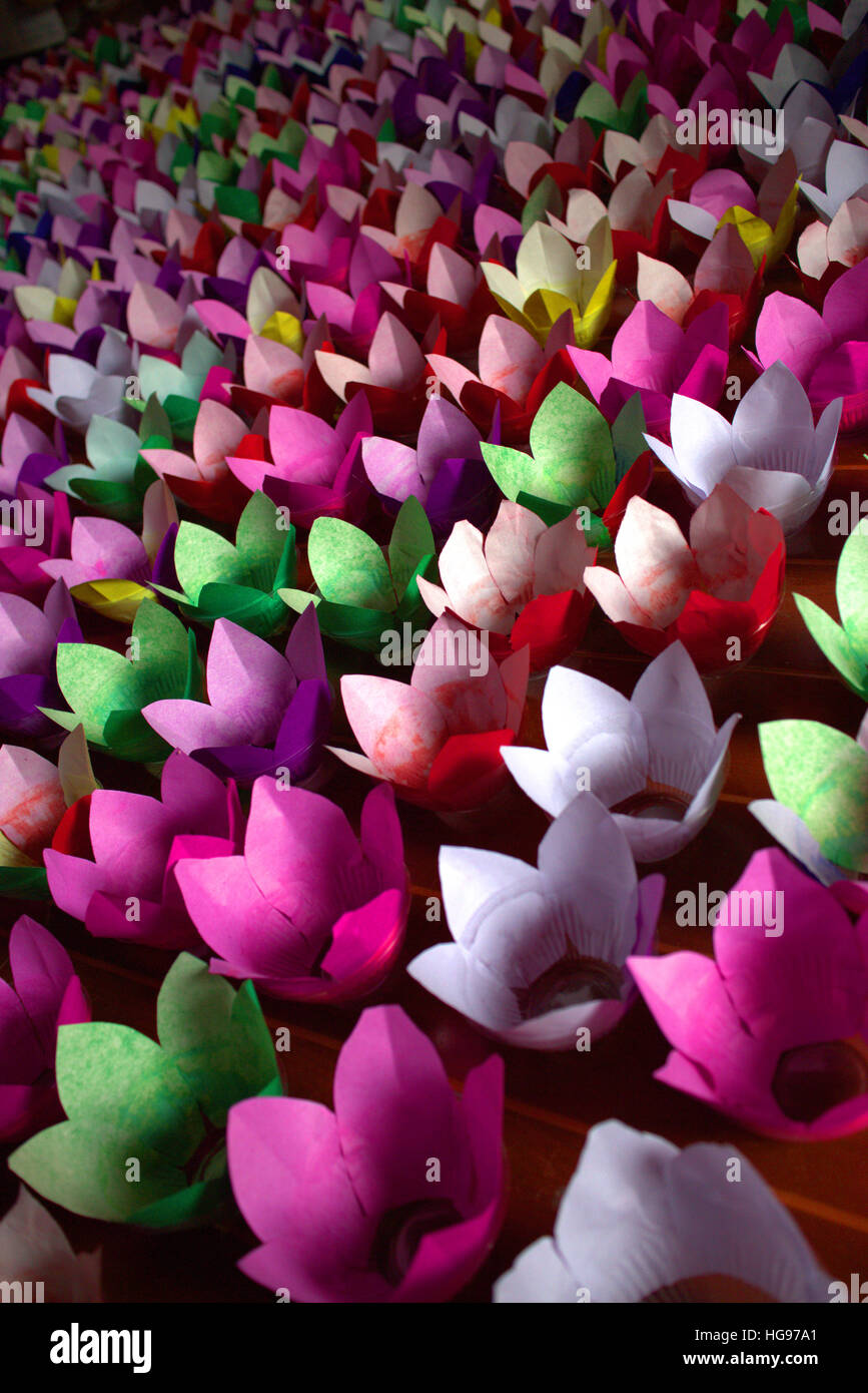 paper's flowers inside a temple in yunnan, china. Stock Photo
