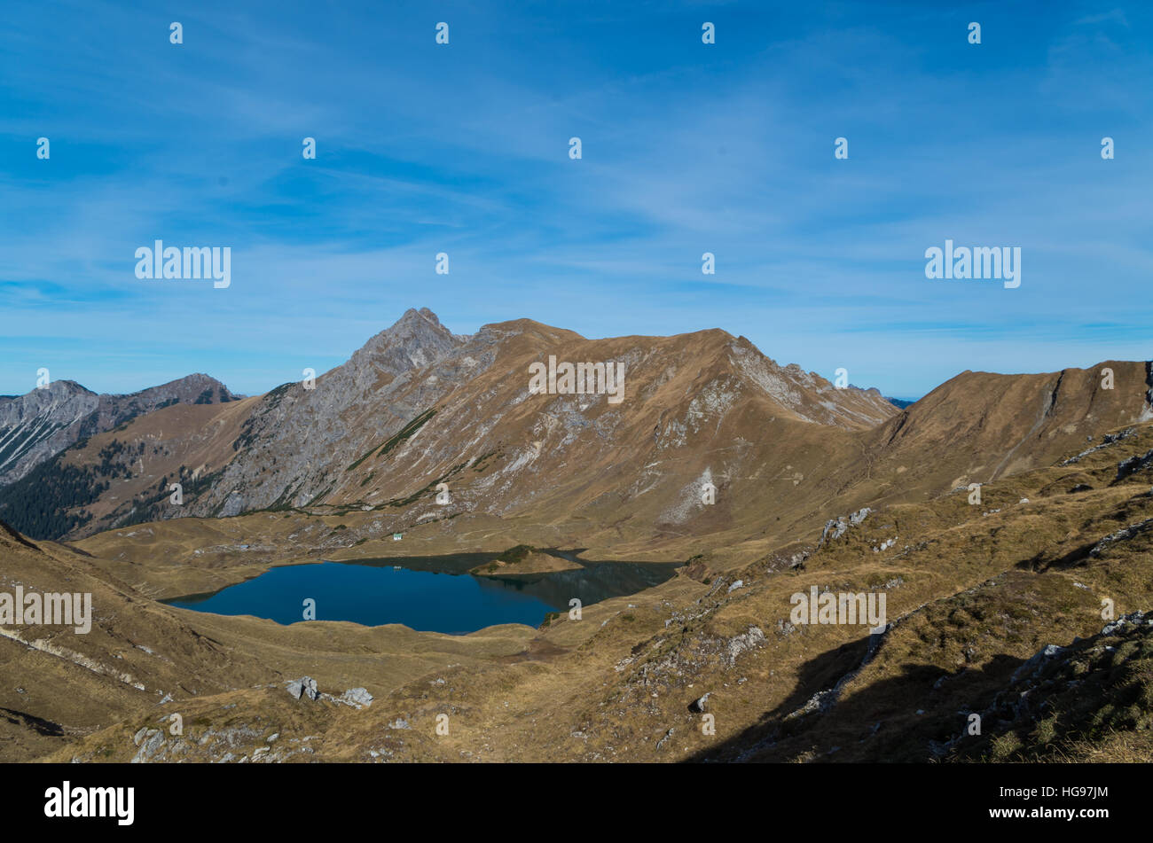 Panorma of mountain lake Schrecksee in Allgau Alps, Germany Stock Photo