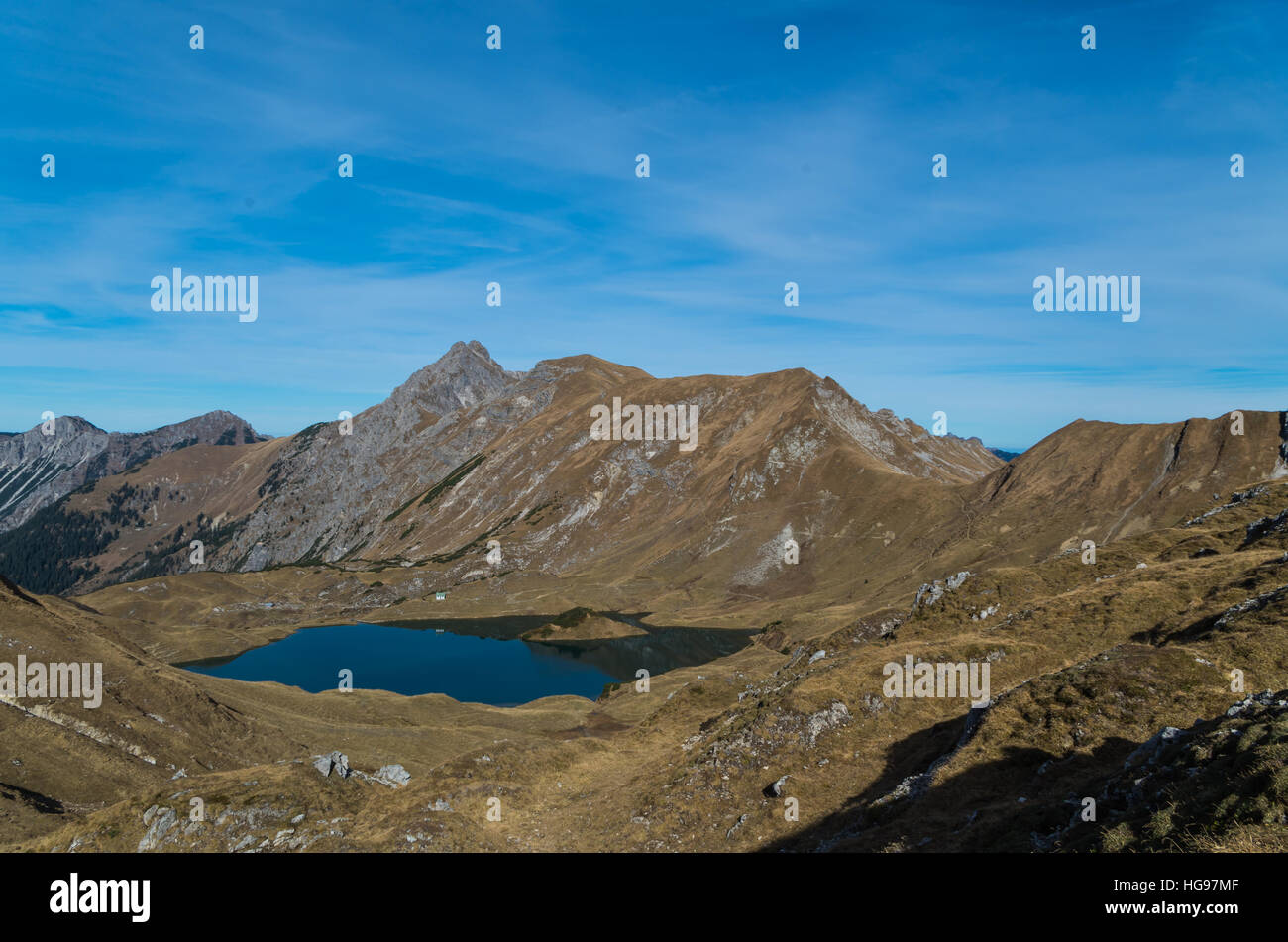 Panorma of mountain lake Schrecksee in Allgau Alps, Germany Stock Photo