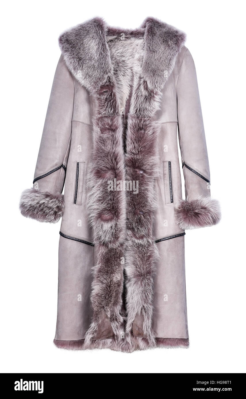 Long coat sheepskin for women. Isolated on white background Stock Photo