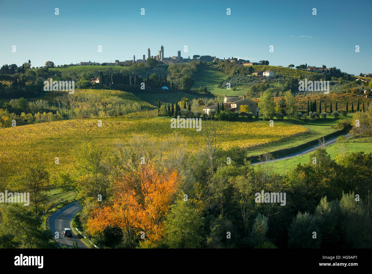 Autumn view of Tuscan countryside with medieval town of  San Gimignano beyond, Tuscany, Italy Stock Photo