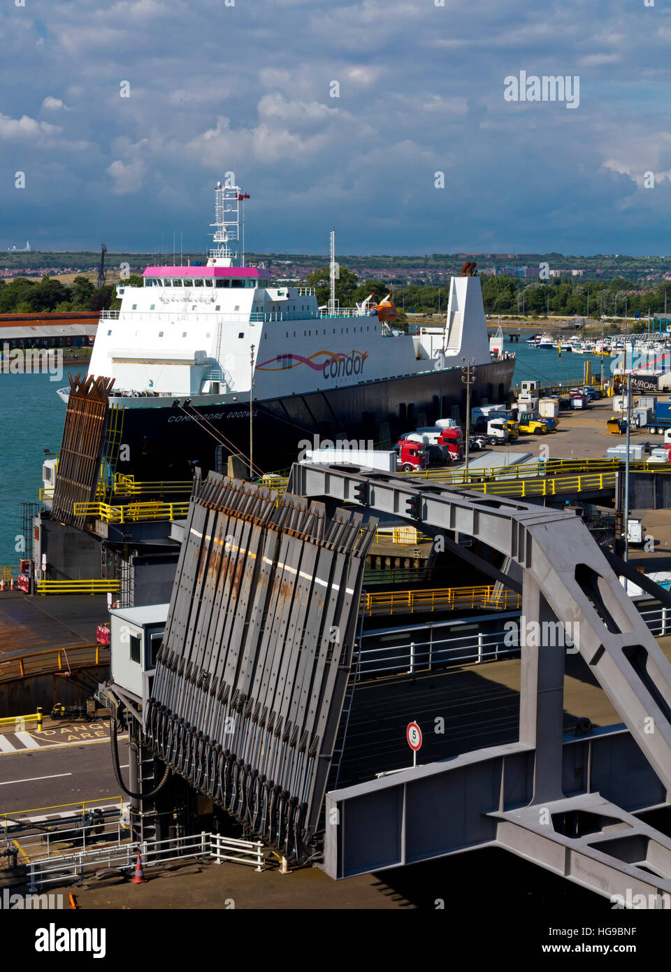 Condor Ferries freight ferry berthed at Portsmouth Harbour freight terminal in Hampshire England