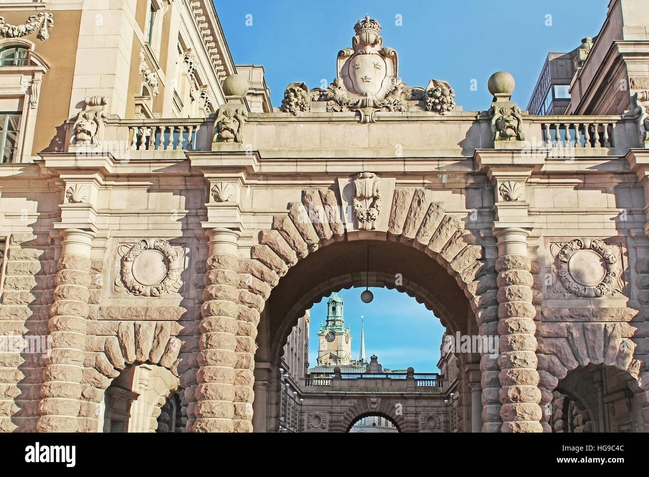 Arch of parliament and Drottninggatan street in Stockholm, Sweden. Stock Photo