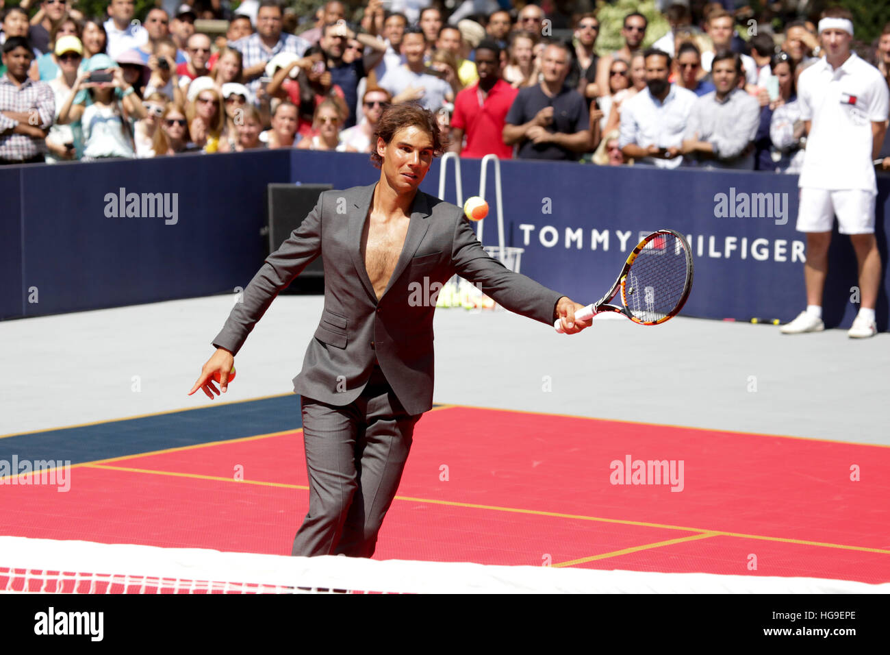 Rafael Nadal hits the court for a game of Strip-Tennis during #tommyxnadal in Bryant Park. Stock Photo