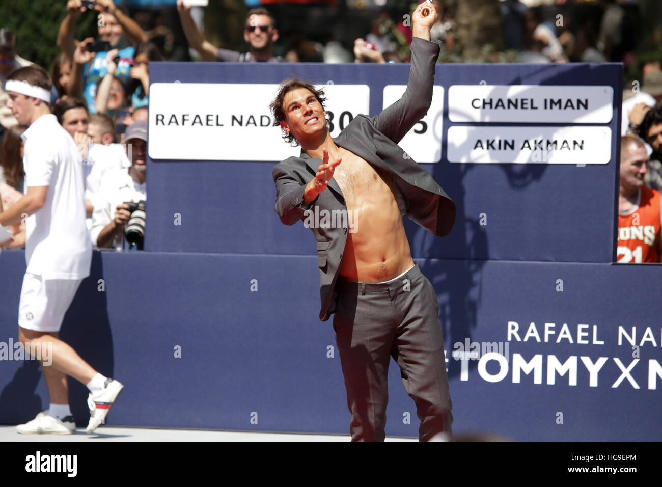 Rafael Nadal hits the court for a game of Strip-Tennis during #tommyxnadal  in Bryant Park Stock Photo - Alamy