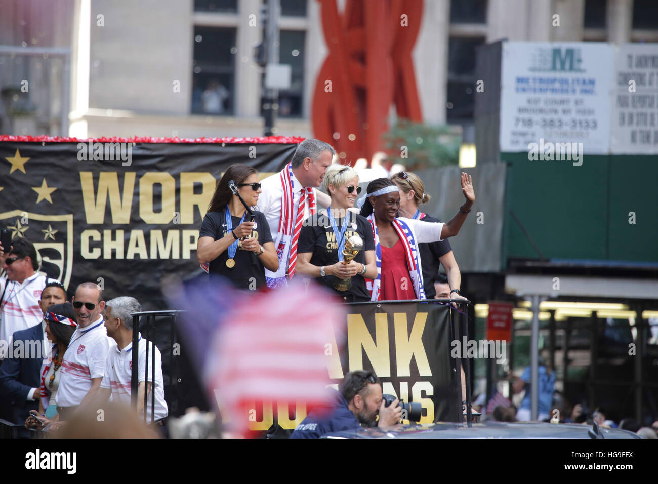 Carli Lloyd, Megan Rapinoe of the United States Women's Nation Team are honored with a ticker tape parade to commemorate their gold medal in the Women's World Cup, through the Canyon Of Heroes in NYC. Stock Photo