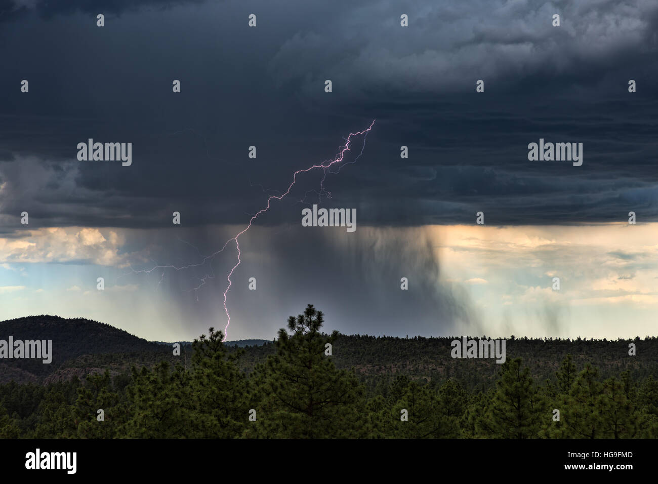 Summer thunderstorm with lightning and heavy rain near Payson, Arizona Stock Photo