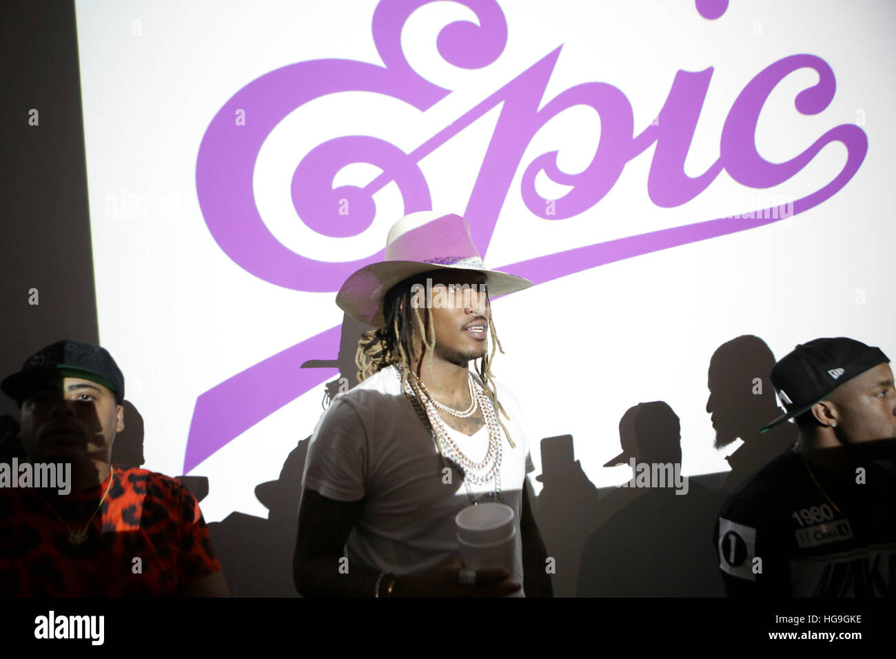 Future behind an Epic logo sings along with his fans to cuts from his latest album Dirty Sprite 2 Stock Photo