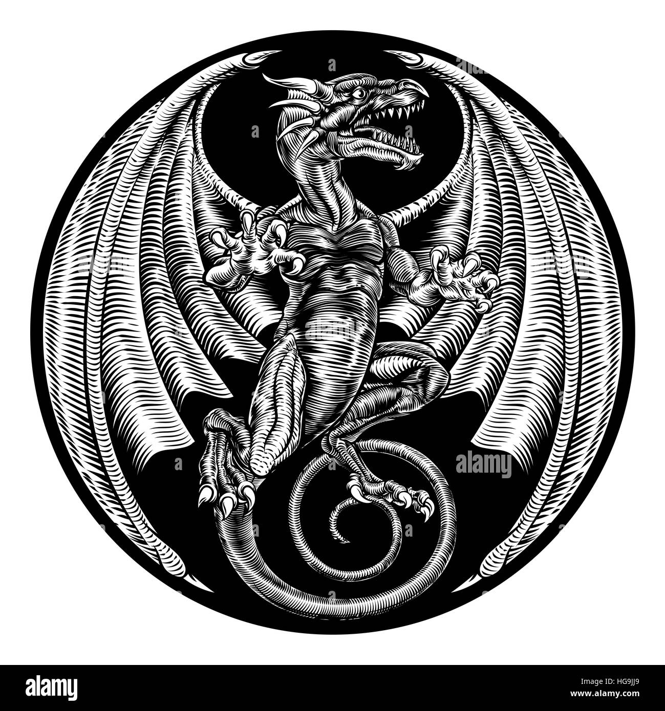 A dragon in a vintage retro engraved etching woodcut style in circle shape Stock Photo