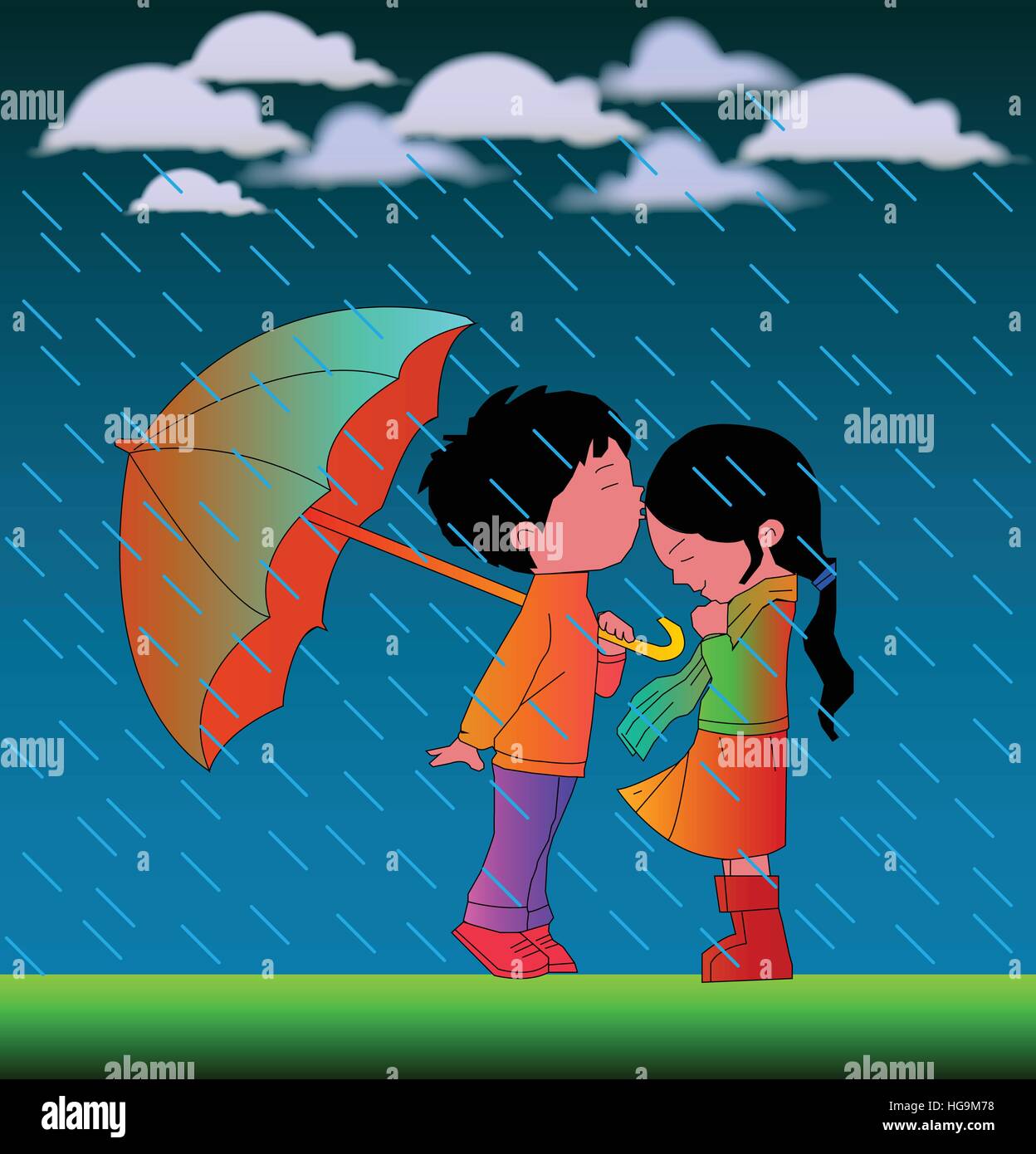 Romantic cartoon couple in rain hi-res stock photography and ...