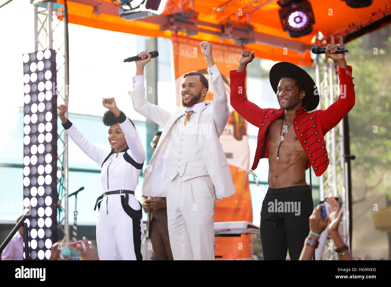 Jidenna (c), Roman GianArthur (r), and Janelle Monae perform on The Today Show on August 14th, 2015 in New York City, NY. Stock Photo