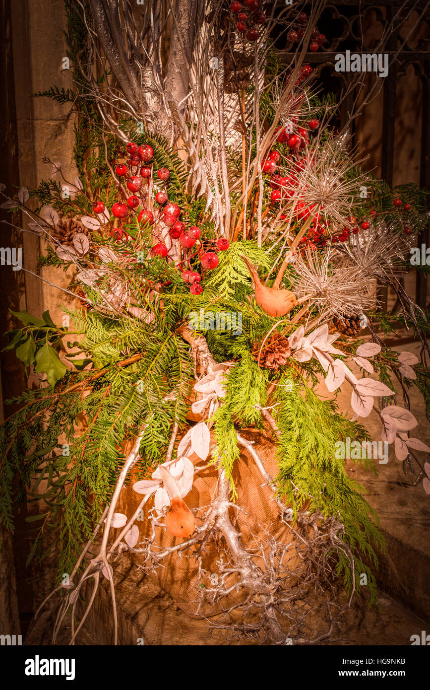 Christmas flower decorations at Lincoln cathedral, England. Stock Photo