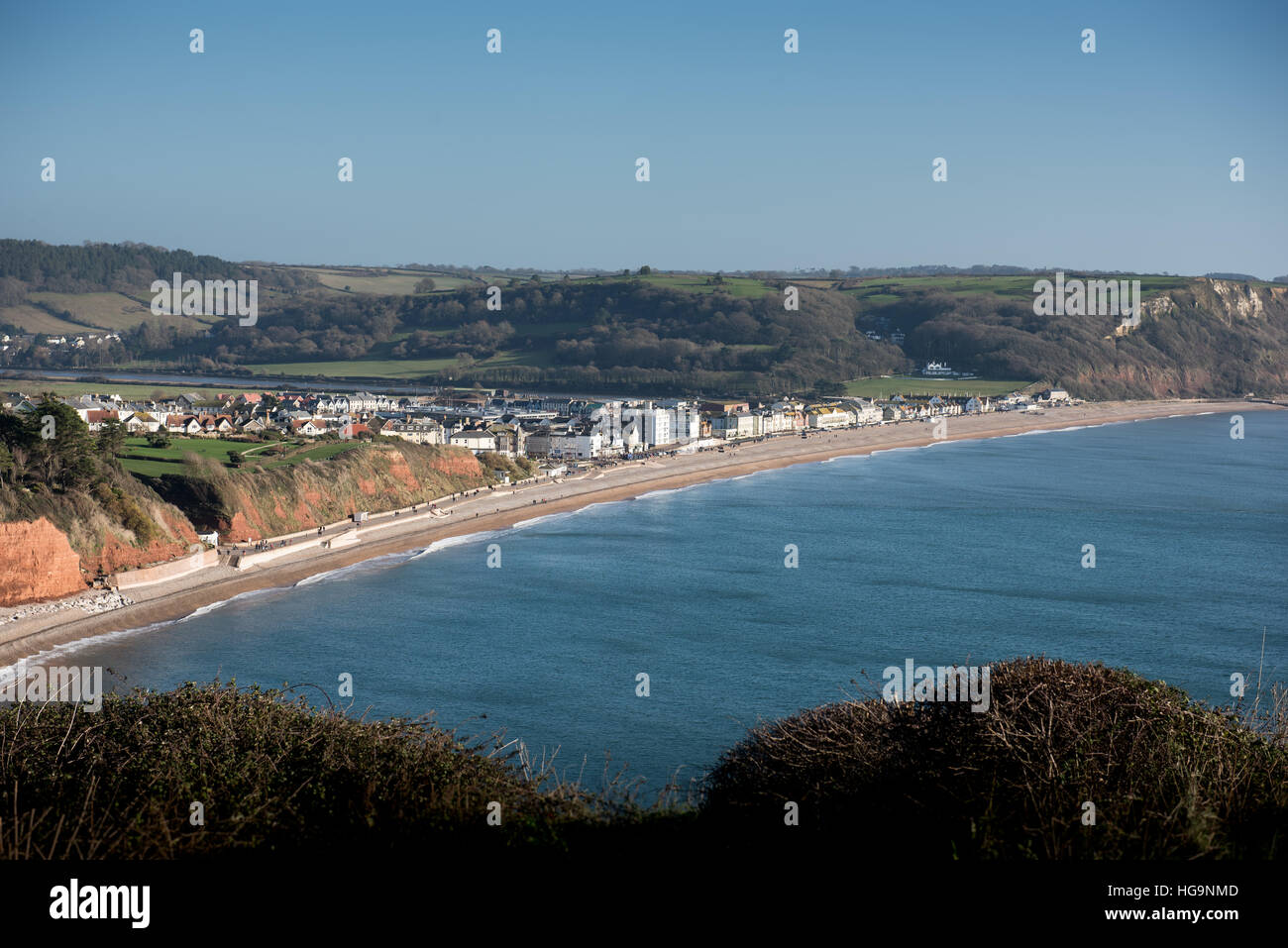 The East Devon seaside town of Seaton approached from The South West Coast Path. Stock Photo