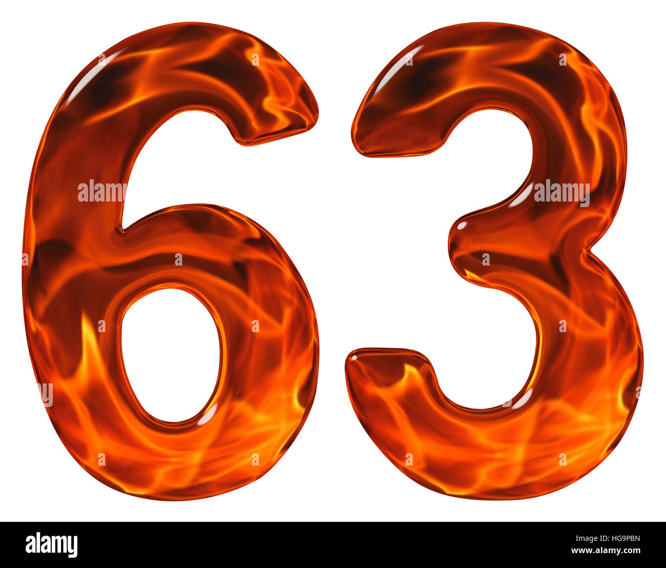 63, sixty three, numeral, imitation glass and a blazing fire, isolated ...