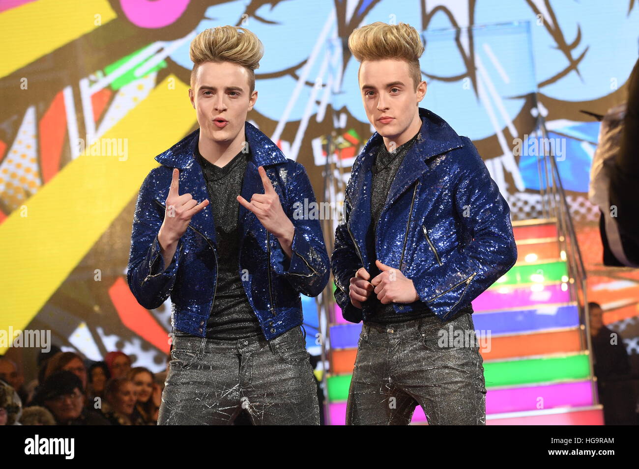 Jedward enter the Celebrity Big Brother house at Elstree Studios in Borehamwood, Herfordshire. Stock Photo