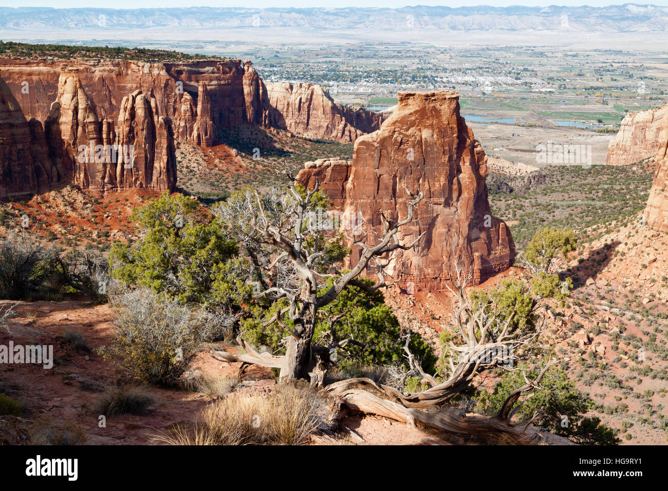 Independence Monument in the Colorado National Monument is the central feature of Monument Canyon rising 450 feet above the canyon floor. Stock Photo