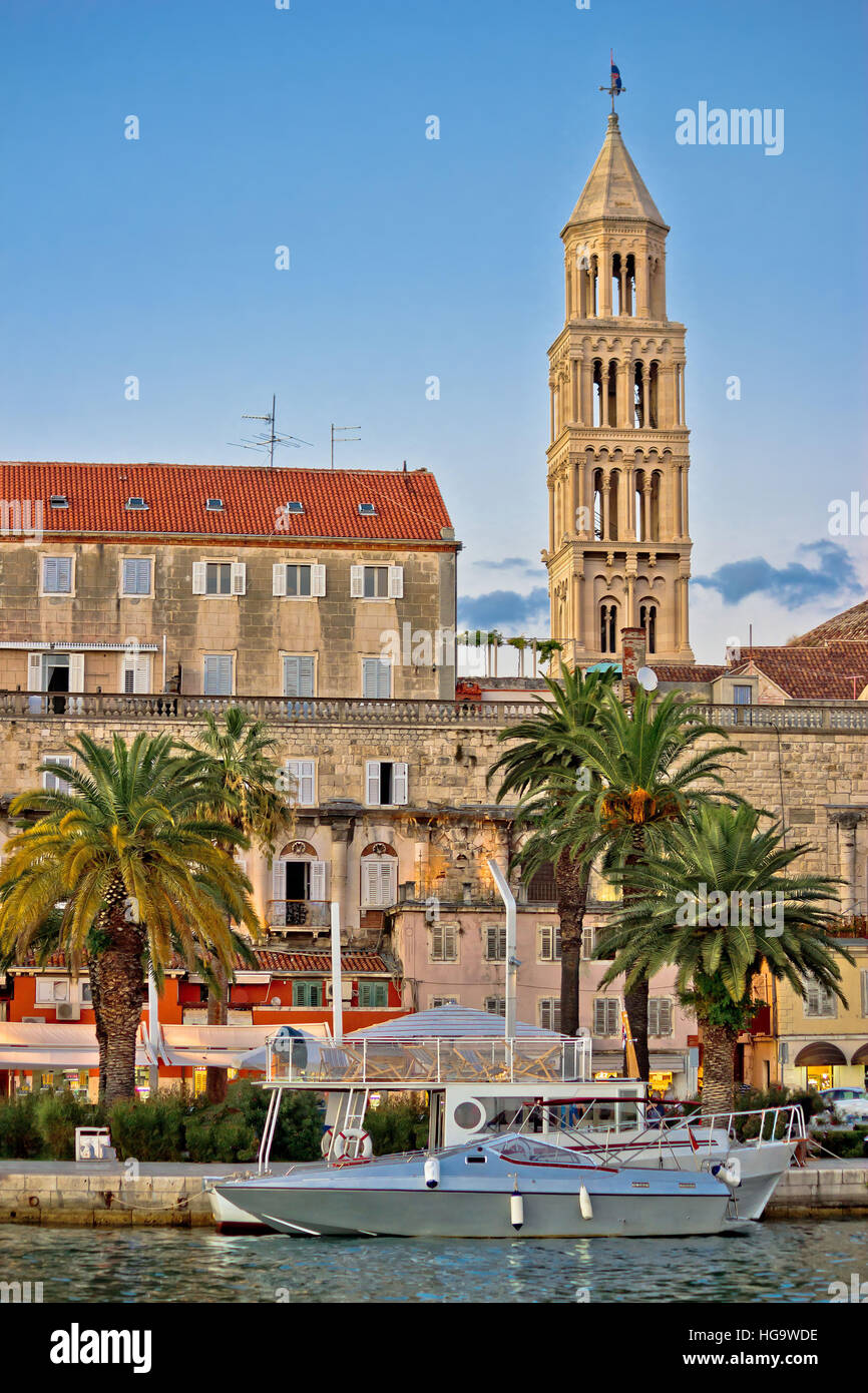 Split saint Duje churh tower and Diocletian palace waterfront vertical view, Dalmatia, Croatia Stock Photo