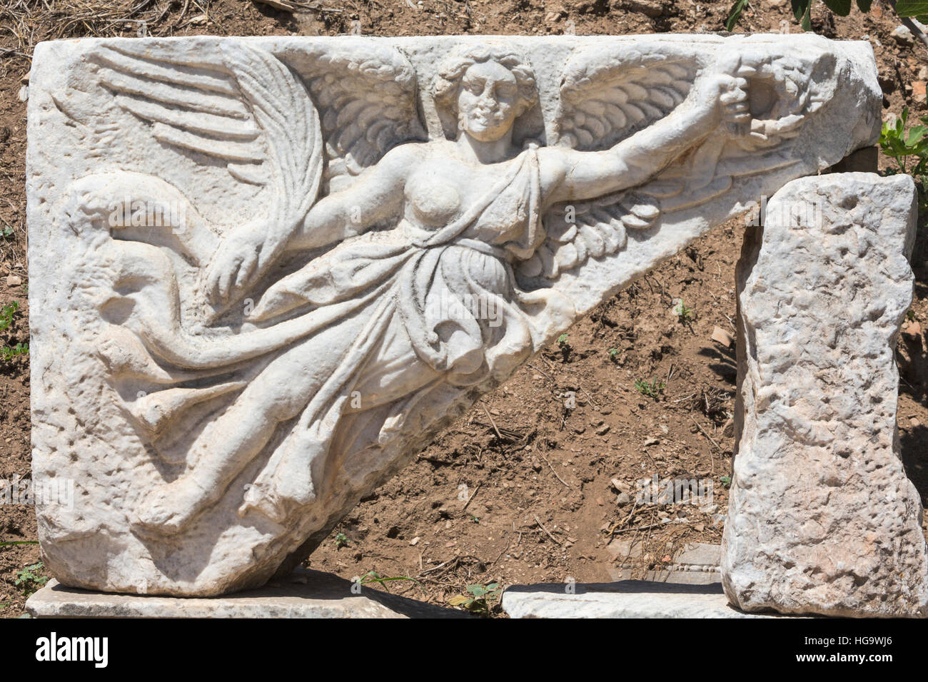 Ephesus, Izmir Province, Turkey.  Marble high relief of Nike, the Goddess of Victory. The Winged Goddess of Victory. Ephesus is on the tentative list  Stock Photo