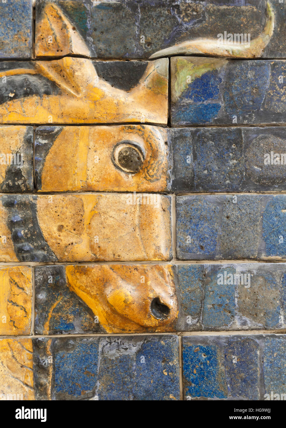 Istanbul, Turkey.  Archeological Museum. Glazed brick bull in relief from the Ishtar Gate, Babylon, dating from the Nebuchadnezzar II period circa 604 Stock Photo