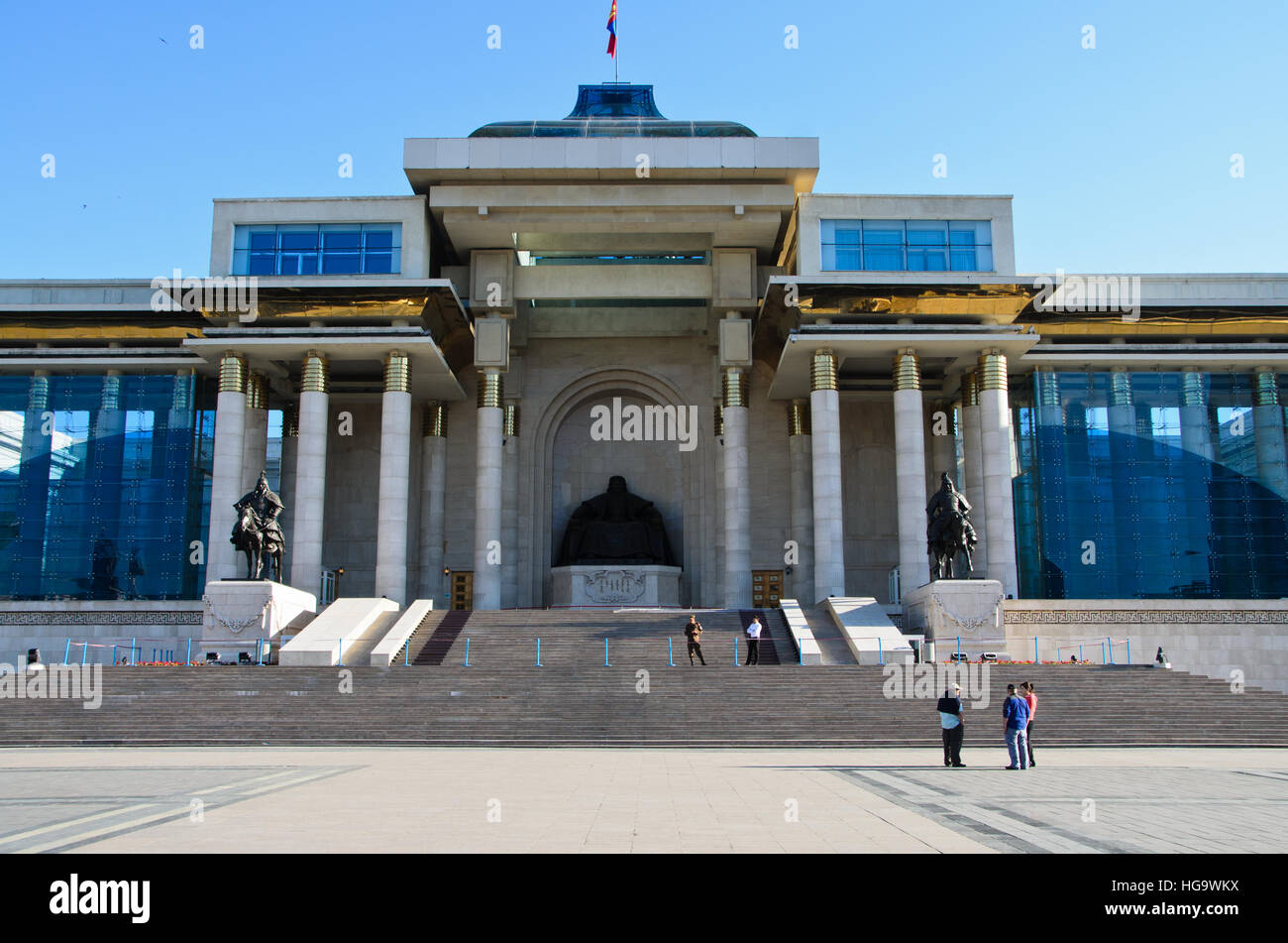 The statue of Genghis Khan and his warriors at the square. Stock Photo