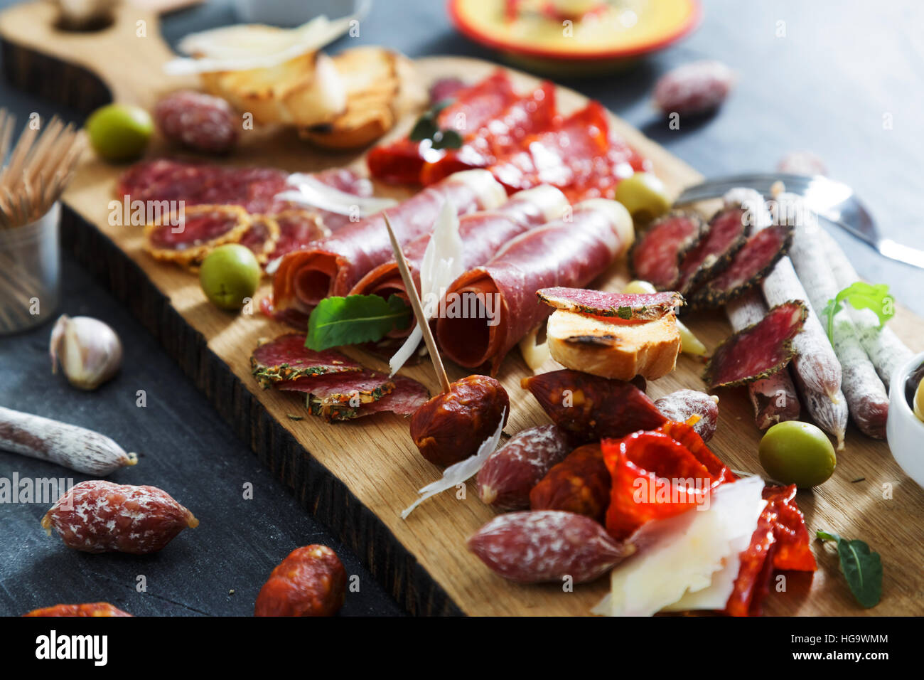 Cured meat platter of traditional Spanish tapas chorizo, salsichon