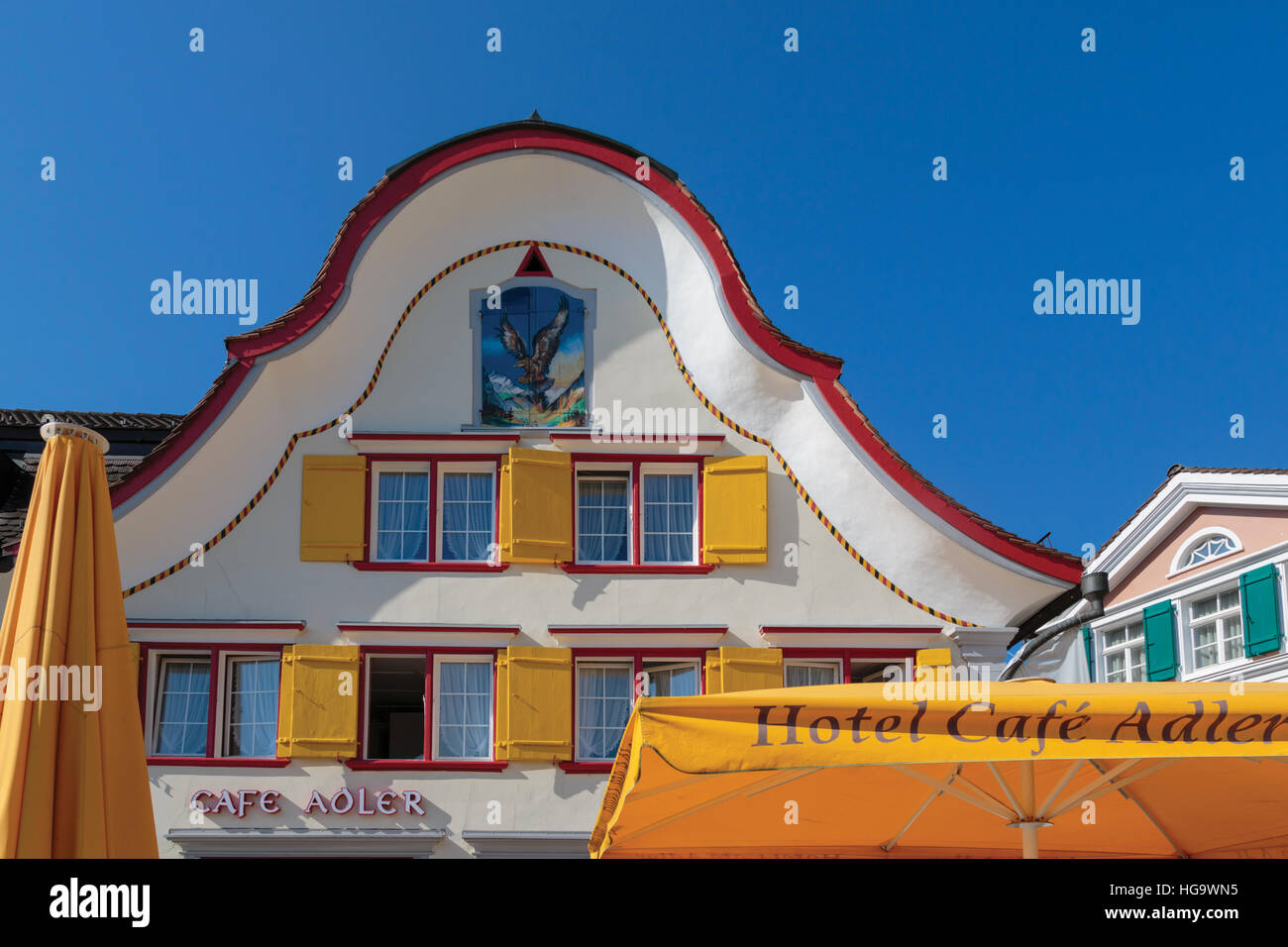 Appenzell, Appenzell Innerrhoden Canton, Switzerland. Exterior of the Hotel Cafe Adler.  Typical architecture. Stock Photo