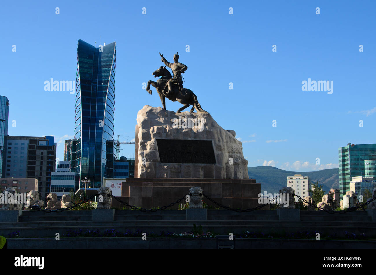 A bronze statue of Sükhbaatar astride his horse, the hero of the revolution. Stock Photo