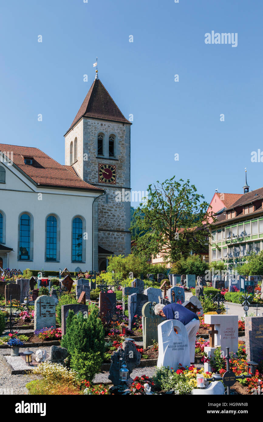 Appenzell, Appenzell Innerrhoden Canton, Switzerland.  St. Mauritius church. The cemetery. Stock Photo