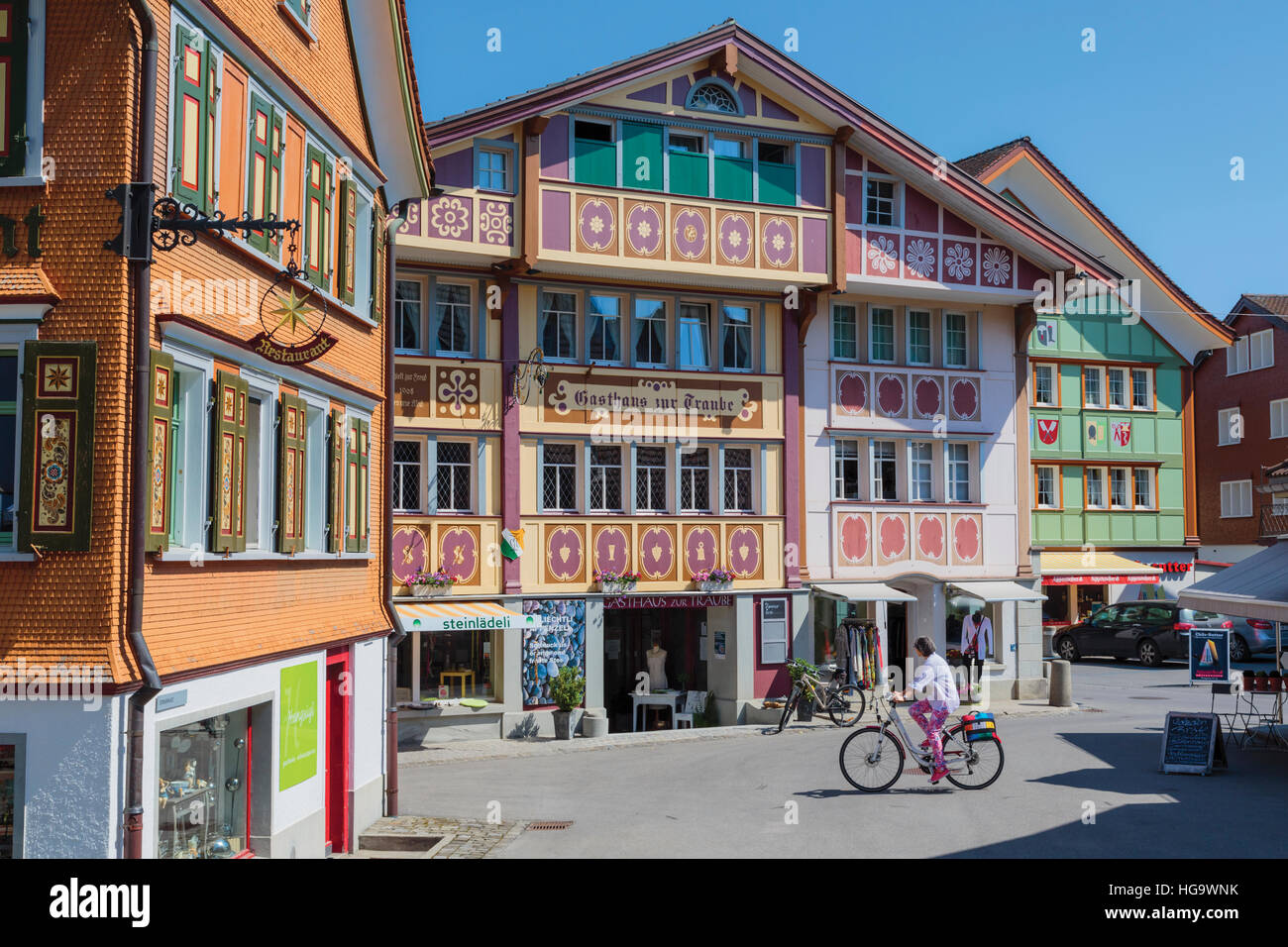 Appenzell, Appenzell Innerrhoden Canton, Switzerland.  Typical architecture in Sternenplatz. Stock Photo