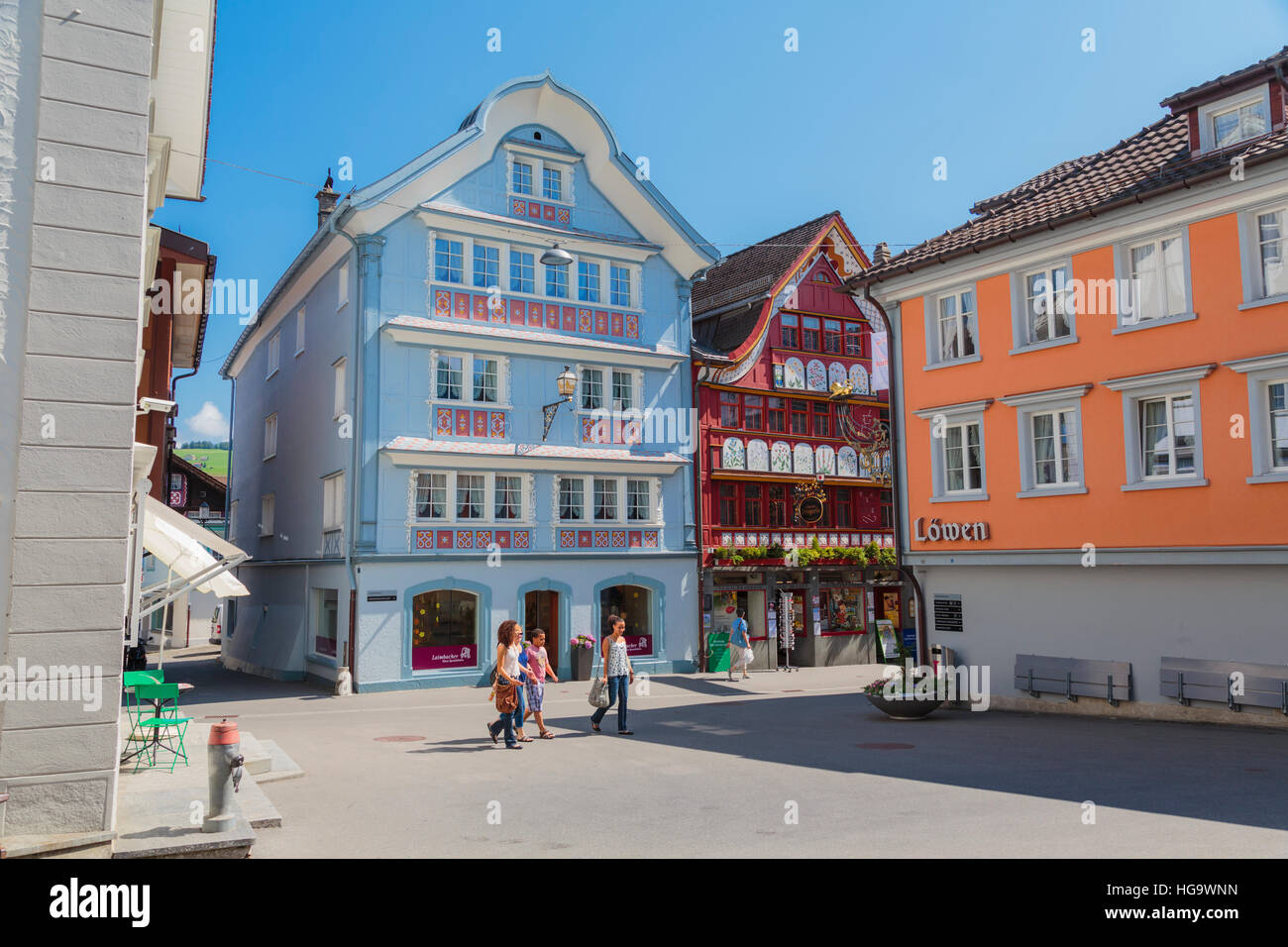 Appenzell, Appenzell Innerrhoden Canton, Switzerland.  Street scene at corner of Hauptgasse and Landsgemeindeplatz. Stock Photo