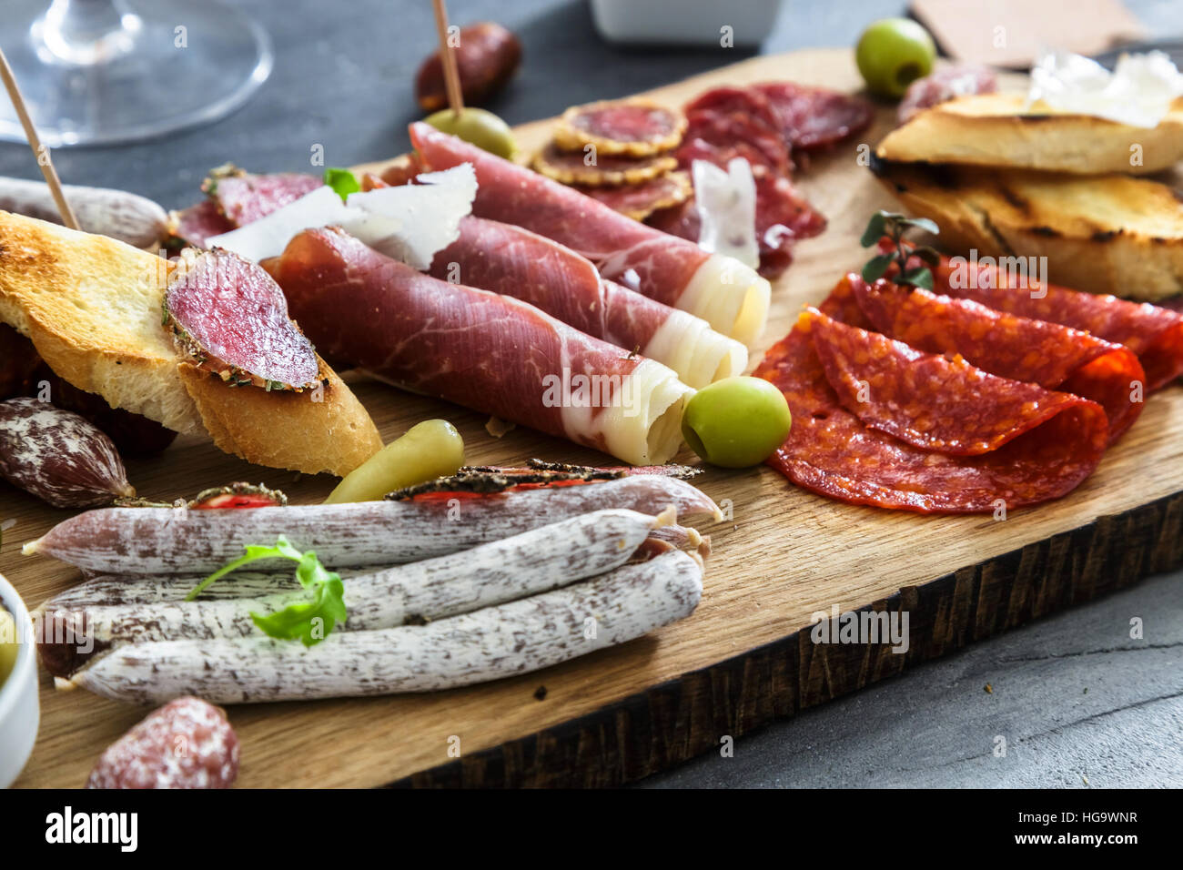 Cured meat platter of traditional Spanish tapas chorizo, salsichon