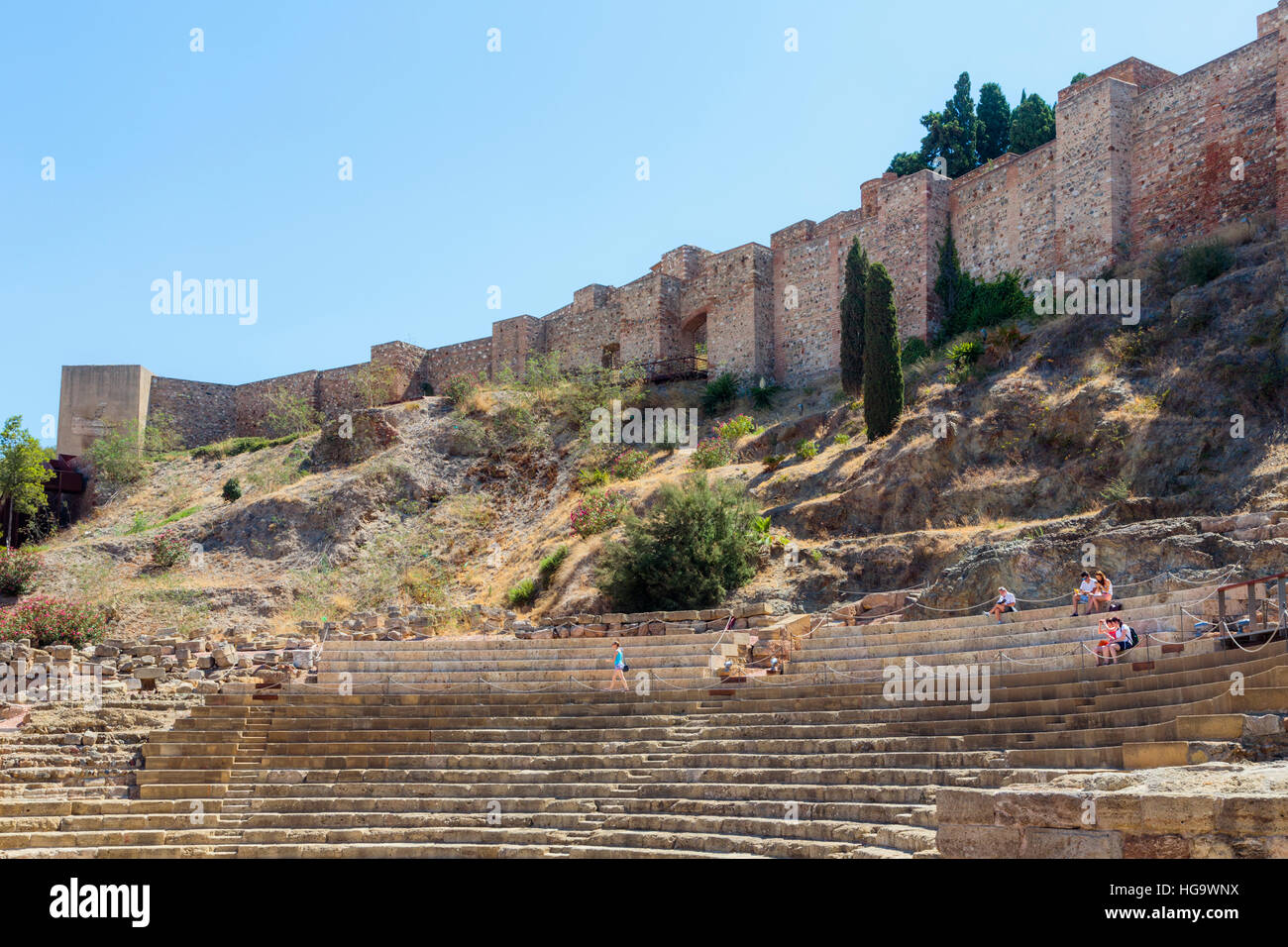 Malaga, Malaga Province, Costa del Sol, Andalusia, southern Spain. Roman theatre and the Moorish alcazaba, or fortress. Stock Photo