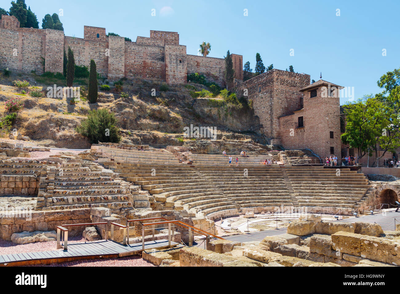 Malaga, Malaga Province, Costa del Sol, Andalusia, southern Spain. Roman theatre and the Moorish alcazaba, or fortress. Stock Photo