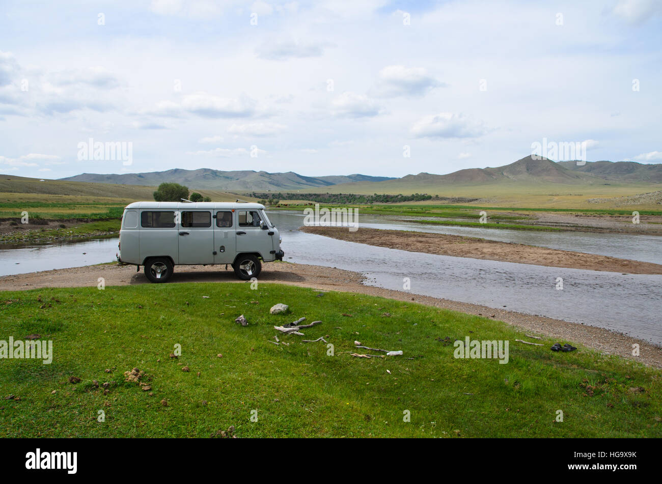 A Russian van 'Purgan', the essential vehicle to explore Mongolia. Stock Photo