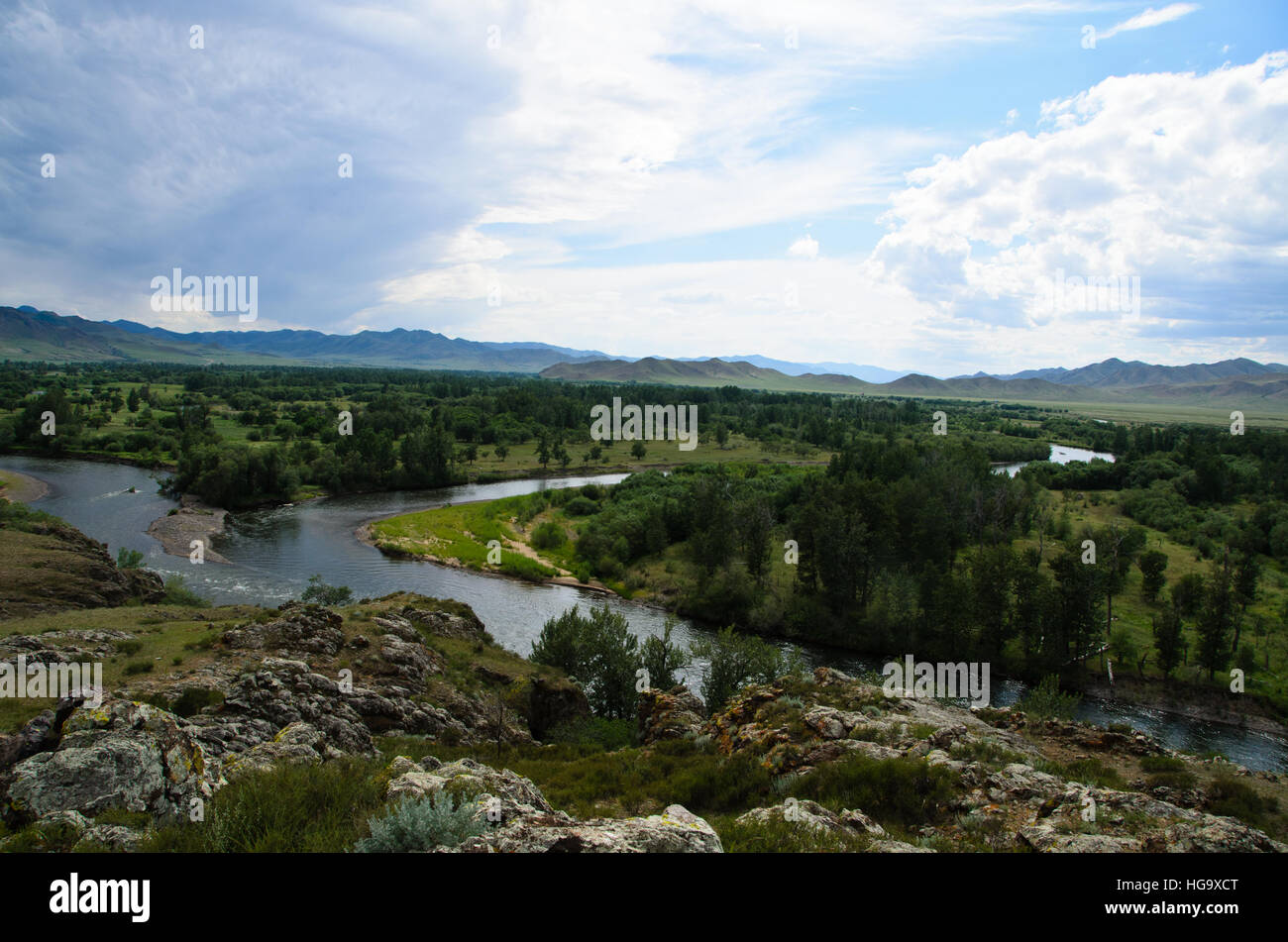 Confluence of two rivers in Mongolia. Stock Photo
