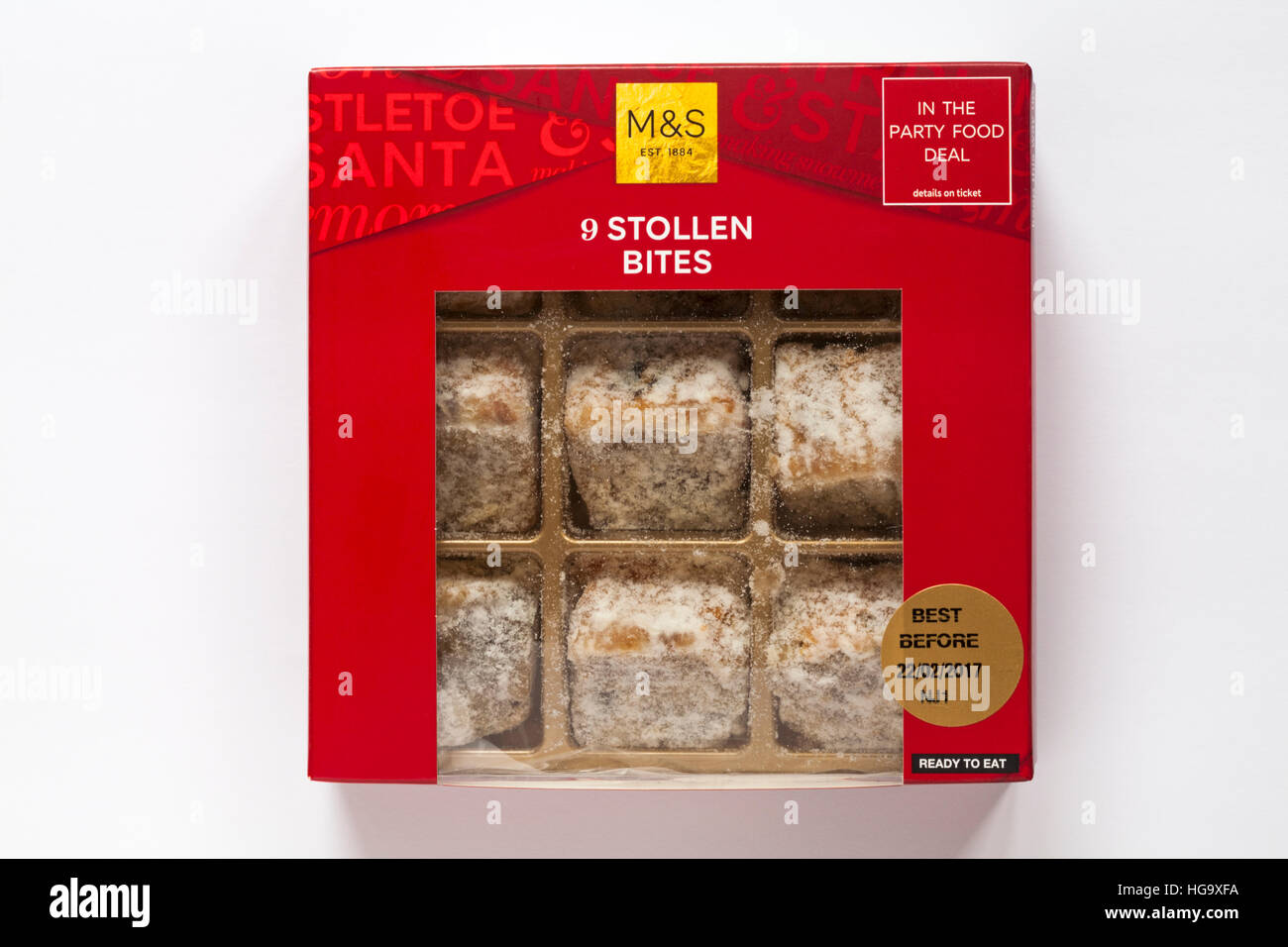 Packet of M&S 9 Stollen Bites isolated on white background Stock Photo