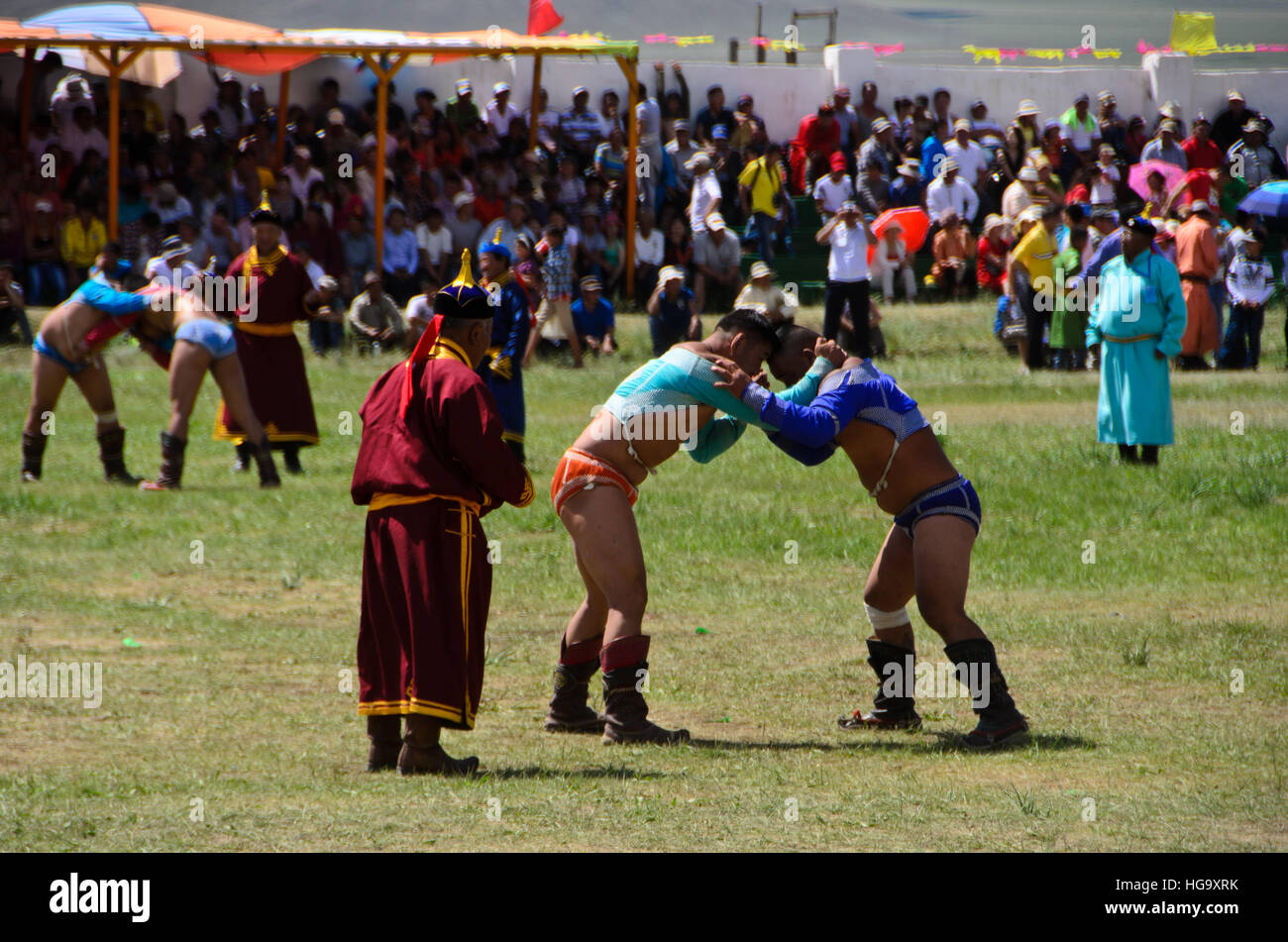 Wrestling, one of the three games of Nadaam at Moron. Stock Photo