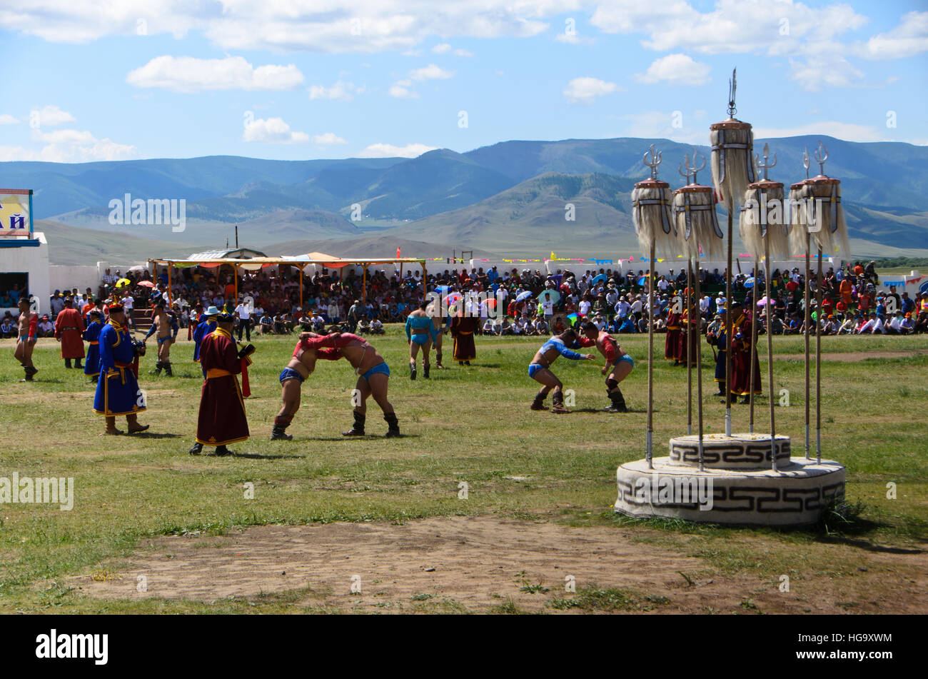 Wrestling competition in Naadam Festival, Moron. Stock Photo
