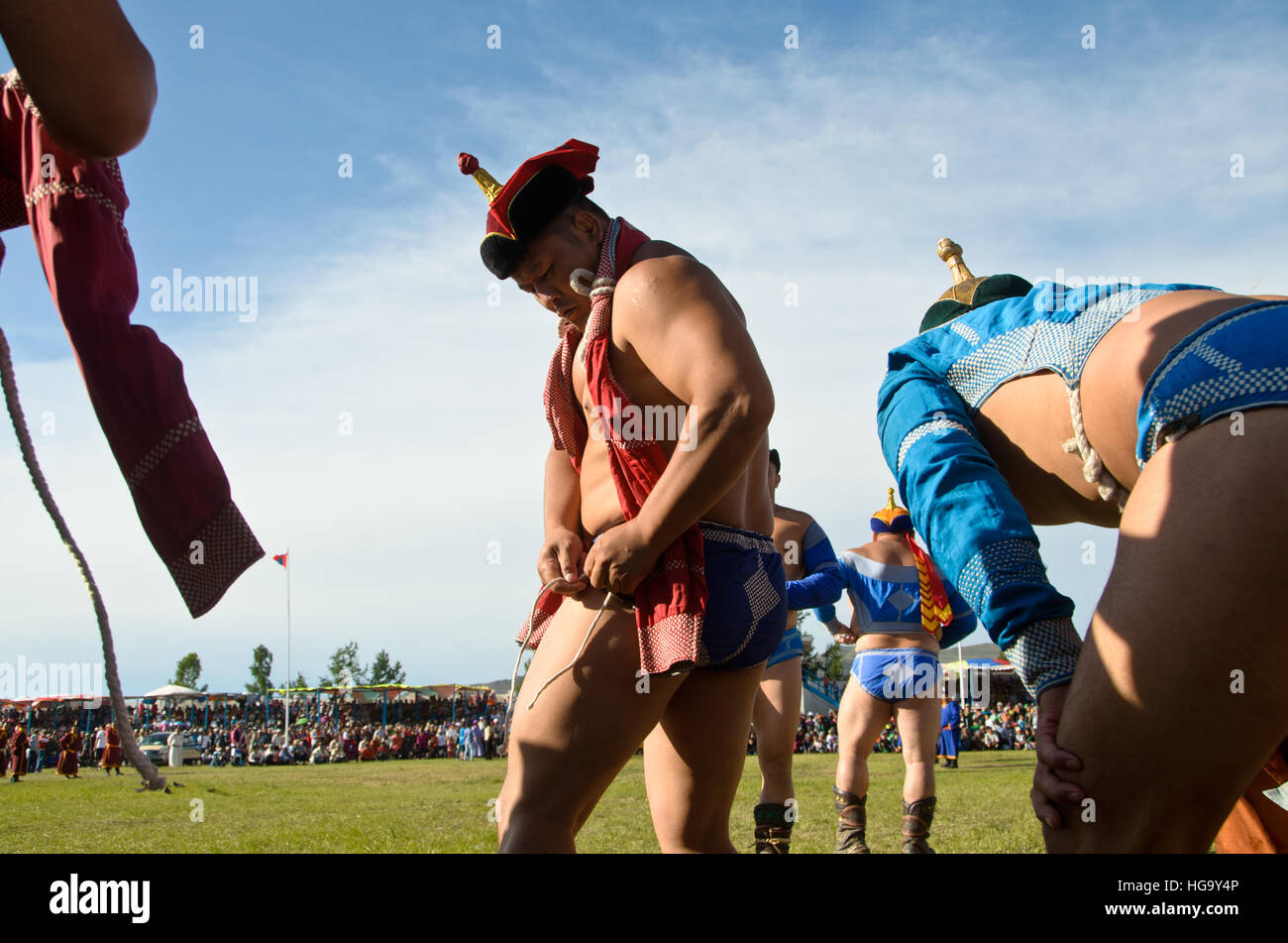 Wrestlers are preparing for the game, Nadaam Festival, Moron. Stock Photo