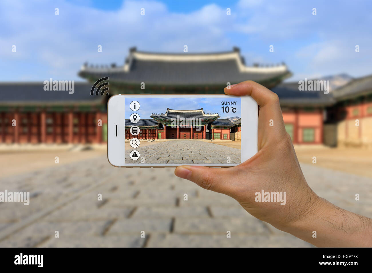 Concept of traveling and tourism business using application of artificial intelligence, AI, and augmented reality, AR. Stock Photo
