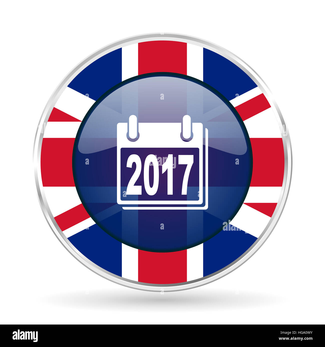 new year 2017 british design icon - round silver metallic border button with Great Britain flag Stock Photo