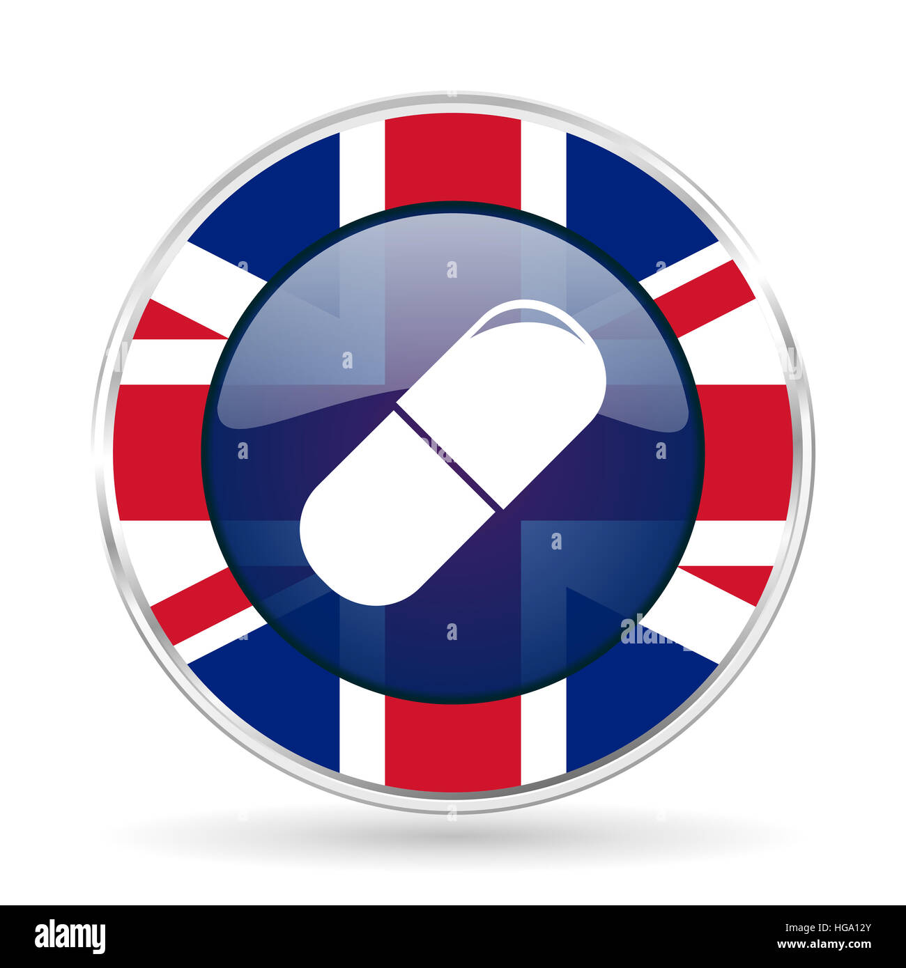 drugs british design icon - round silver metallic border button with Great Britain flag Stock Photo