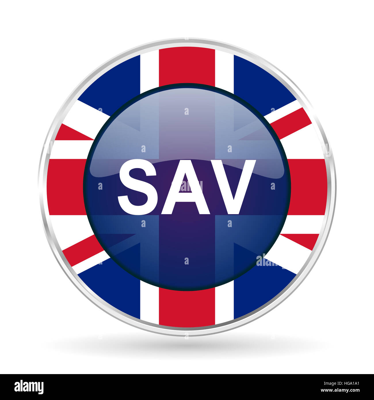 sav british design icon - round silver metallic border button with Great Britain flag Stock Photo