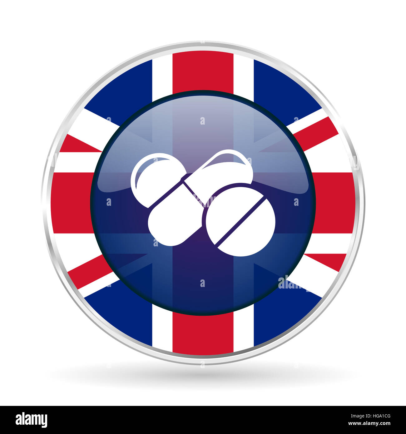 medicine british design icon - round silver metallic border button with Great Britain flag Stock Photo