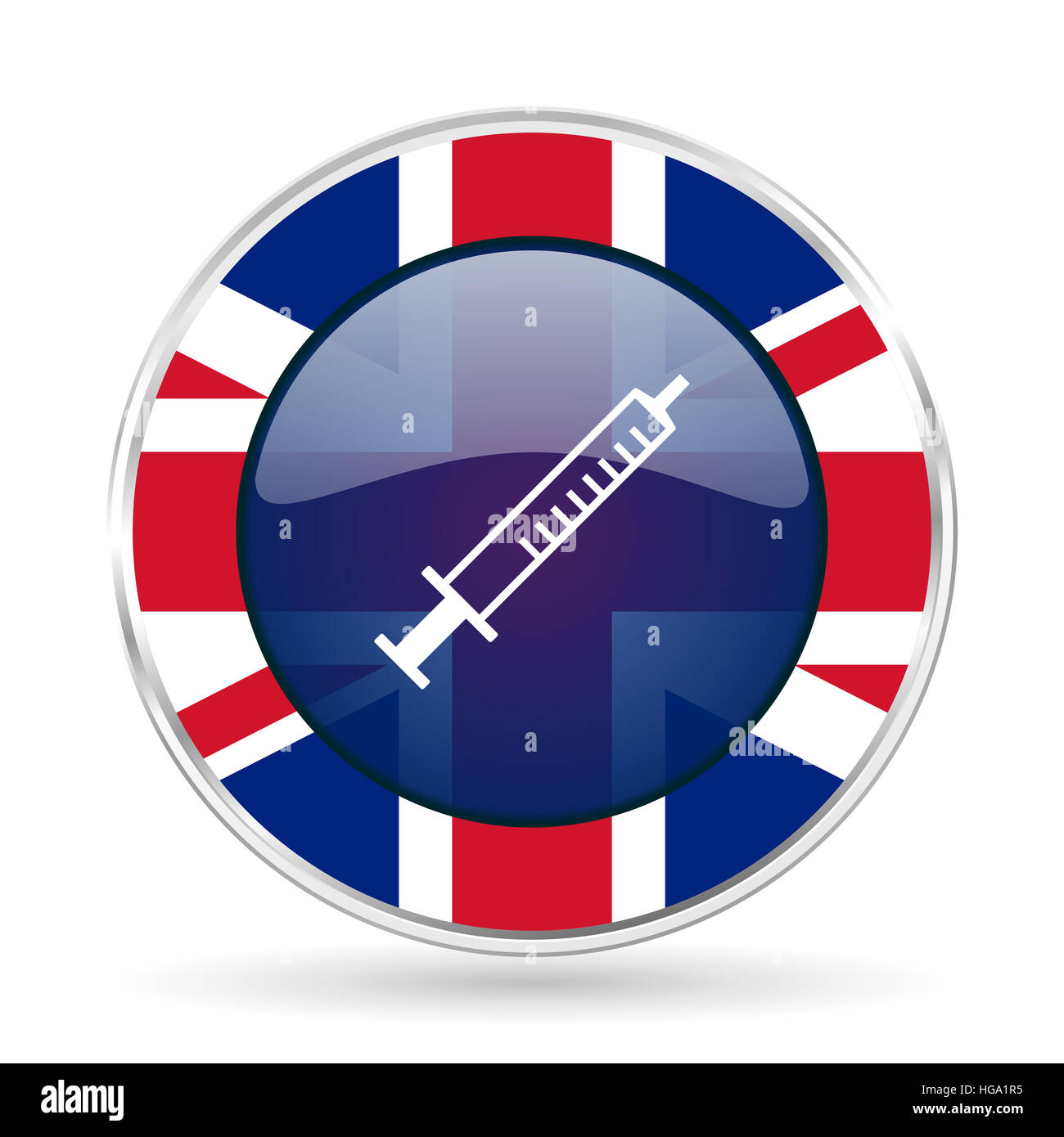 medicine british design icon - round silver metallic border button with Great Britain flag Stock Photo
